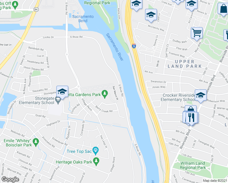 map of restaurants, bars, coffee shops, grocery stores, and more near 2390 San Marco Street in West Sacramento