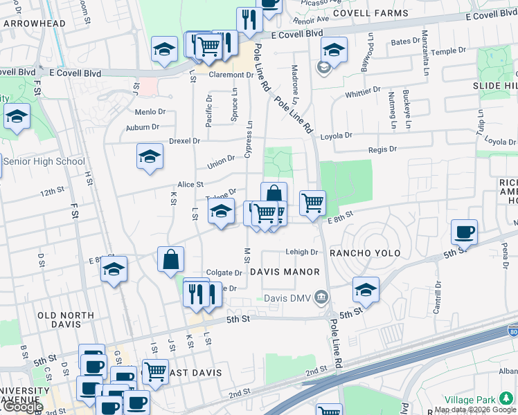 map of restaurants, bars, coffee shops, grocery stores, and more near 907 Chestnut Lane in Davis