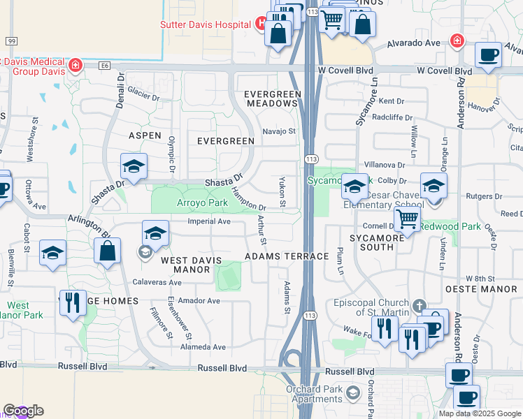 map of restaurants, bars, coffee shops, grocery stores, and more near 1717 Hampton Drive in Davis