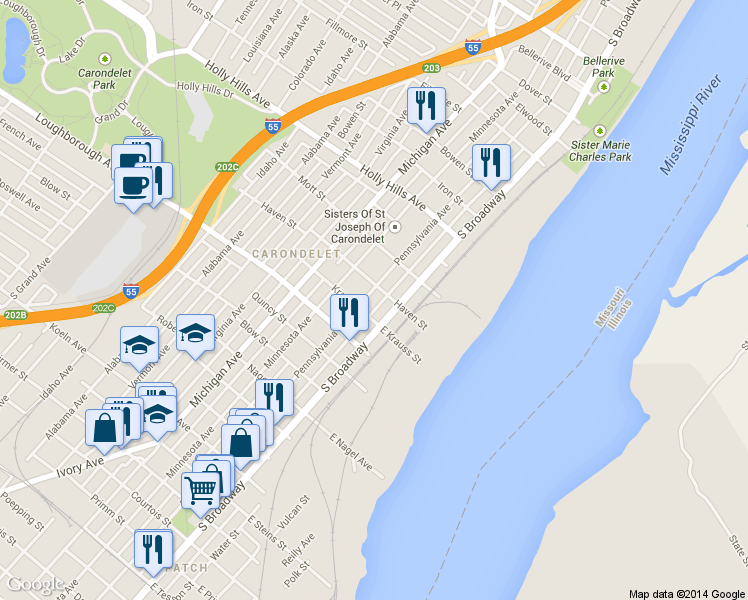map of restaurants, bars, coffee shops, grocery stores, and more near 6709 Pennsylvania Avenue in St. Louis