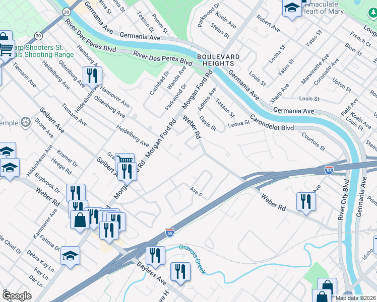 map of restaurants, bars, coffee shops, grocery stores, and more near 8213 Weimar Drive in St. Louis