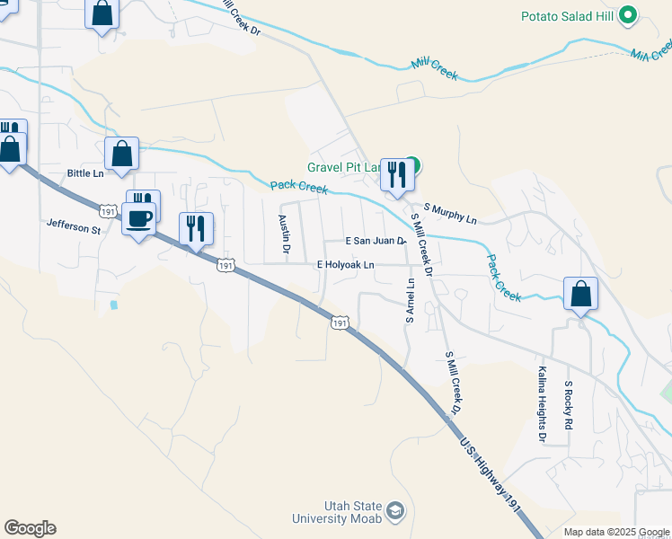 map of restaurants, bars, coffee shops, grocery stores, and more near 1122 East Holyoak Lane in Moab