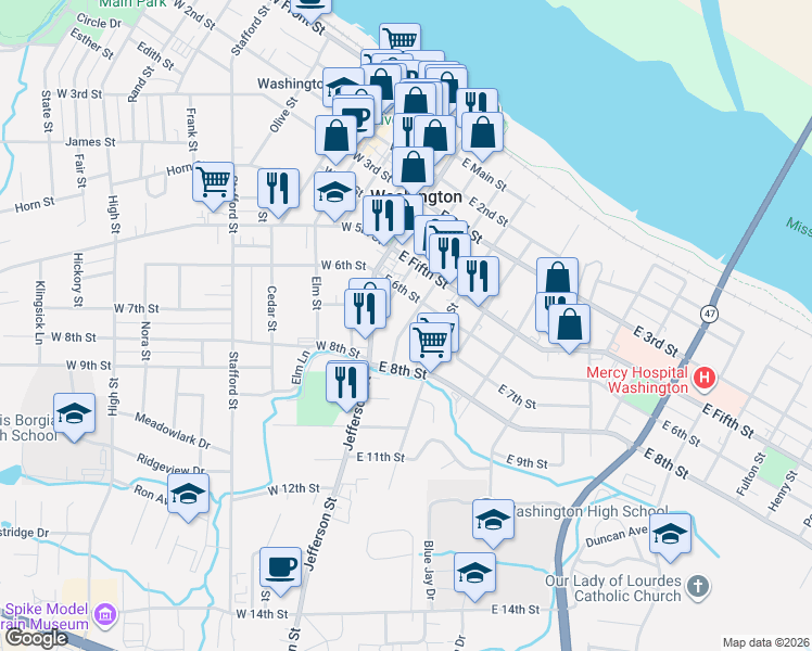 map of restaurants, bars, coffee shops, grocery stores, and more near 623 Walnut Street in Washington