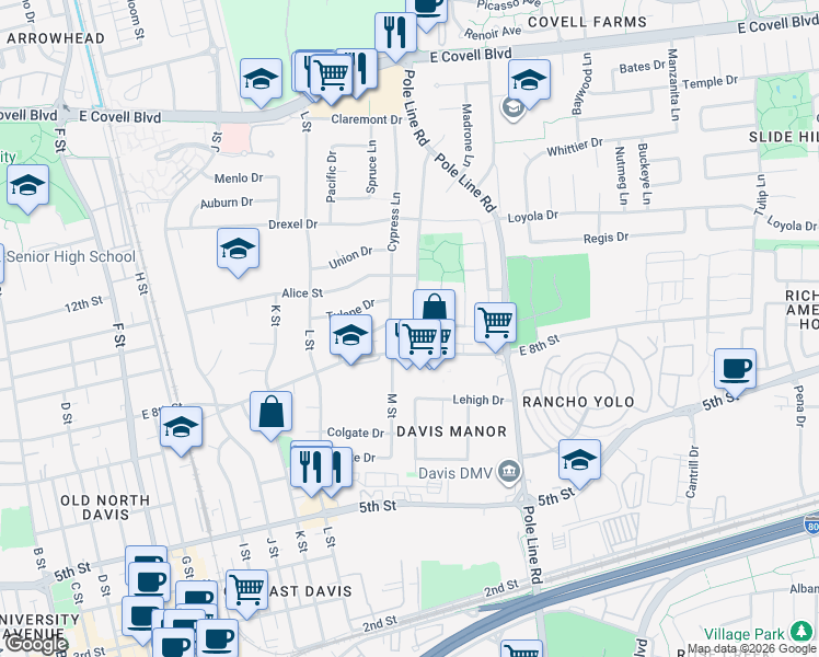 map of restaurants, bars, coffee shops, grocery stores, and more near 907 Chestnut Lane in Davis