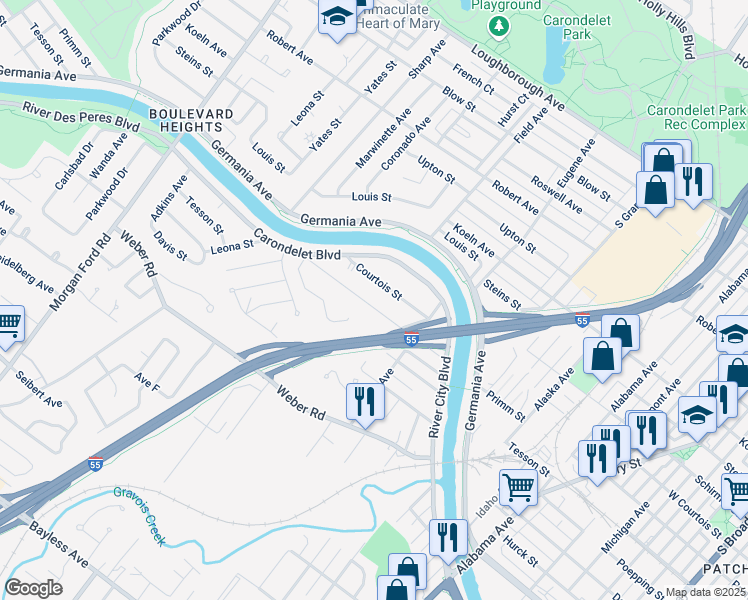 map of restaurants, bars, coffee shops, grocery stores, and more near 3801 Primm Street in St. Louis