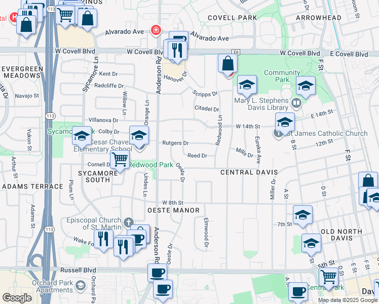 map of restaurants, bars, coffee shops, grocery stores, and more near 549 Reed Drive in Davis