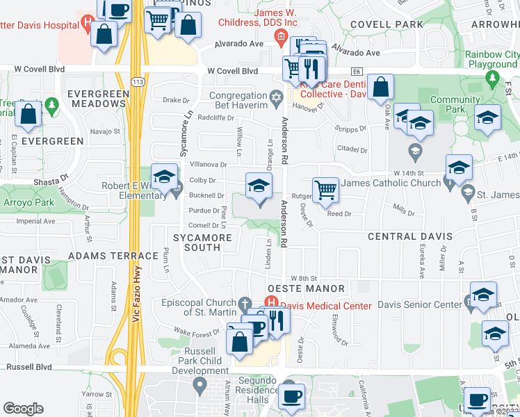 map of restaurants, bars, coffee shops, grocery stores, and more near 1221 Anderson Road in Davis