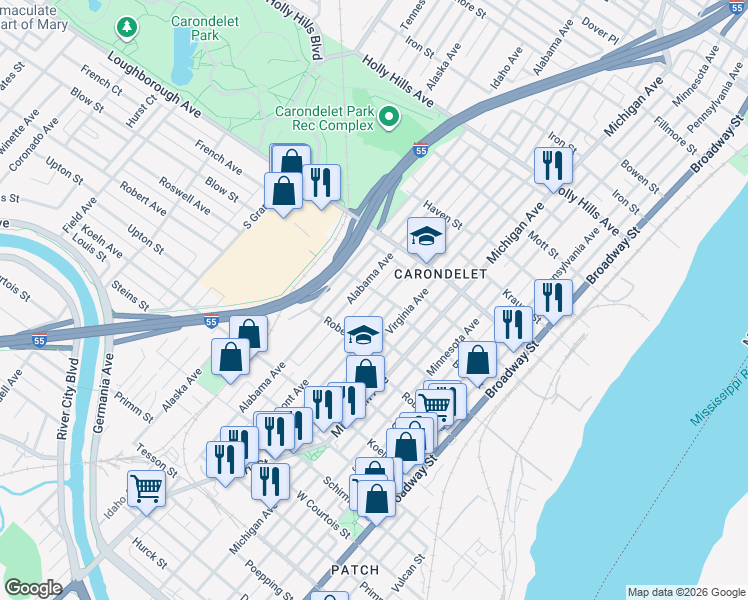 map of restaurants, bars, coffee shops, grocery stores, and more near 7109 Vermont Avenue in St. Louis