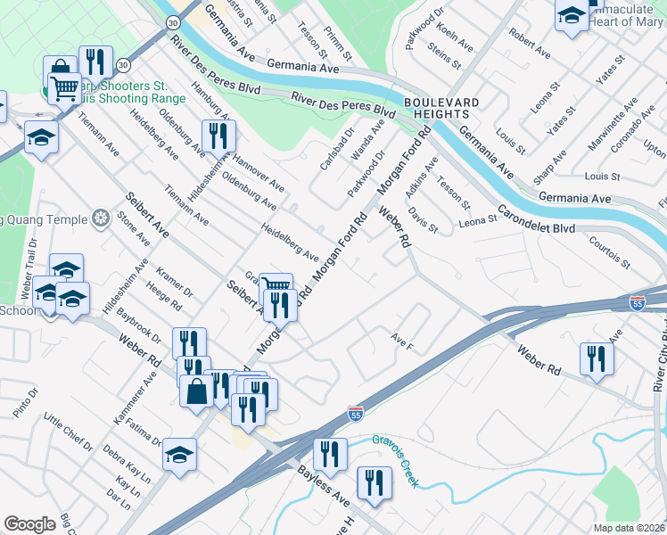 map of restaurants, bars, coffee shops, grocery stores, and more near 8298 Morgan Ford Road in St. Louis