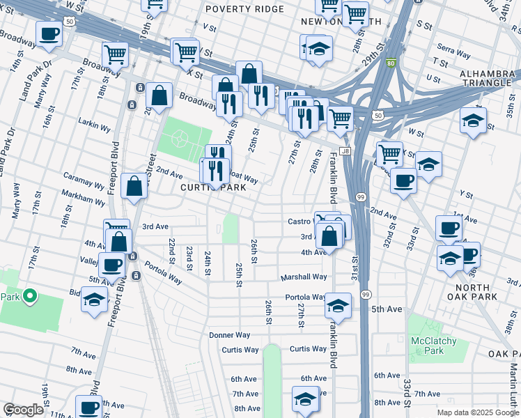 map of restaurants, bars, coffee shops, grocery stores, and more near 2612 2nd Avenue in Sacramento