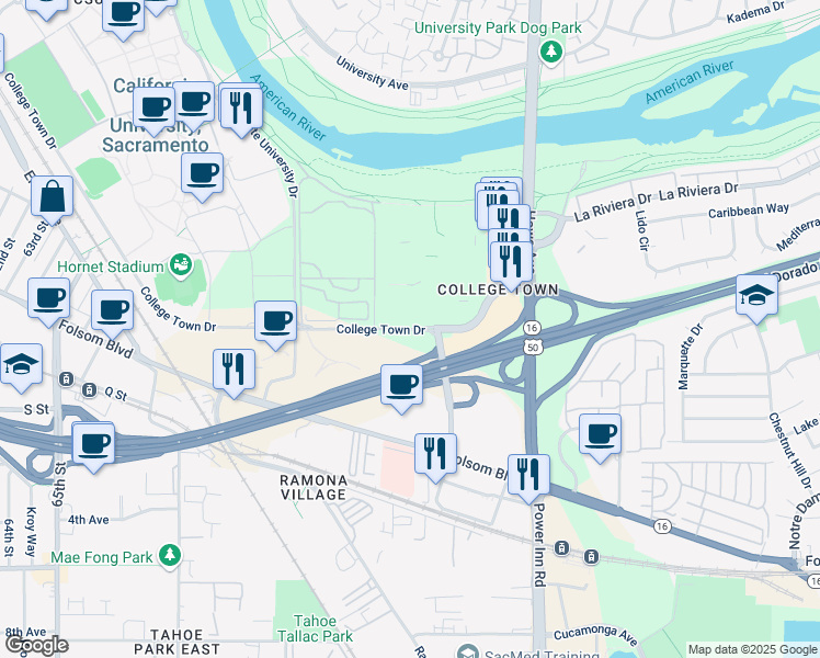 map of restaurants, bars, coffee shops, grocery stores, and more near 7722 College Town Drive in Sacramento