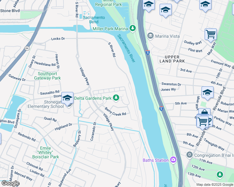 map of restaurants, bars, coffee shops, grocery stores, and more near 1284 Milano Drive in West Sacramento