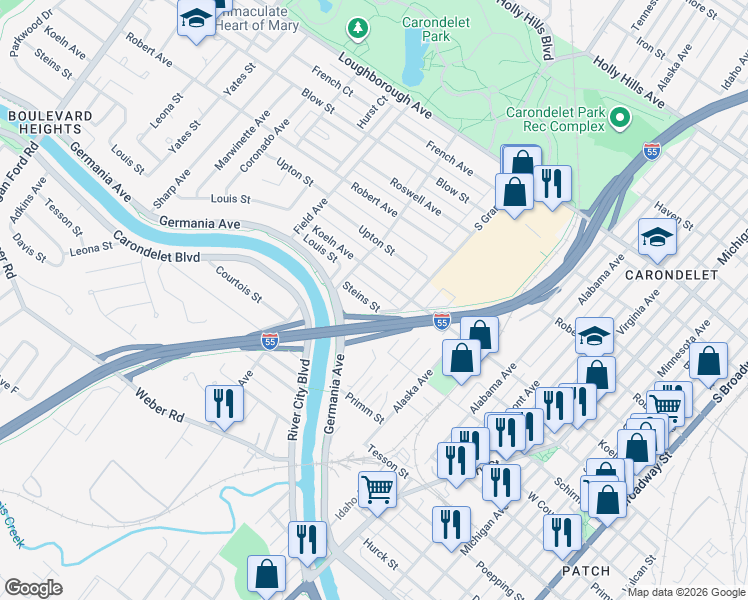 map of restaurants, bars, coffee shops, grocery stores, and more near 3631 Steins Street in St. Louis