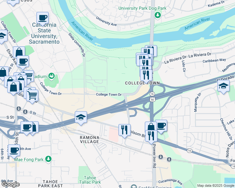 map of restaurants, bars, coffee shops, grocery stores, and more near 7722 College Town Drive in Sacramento
