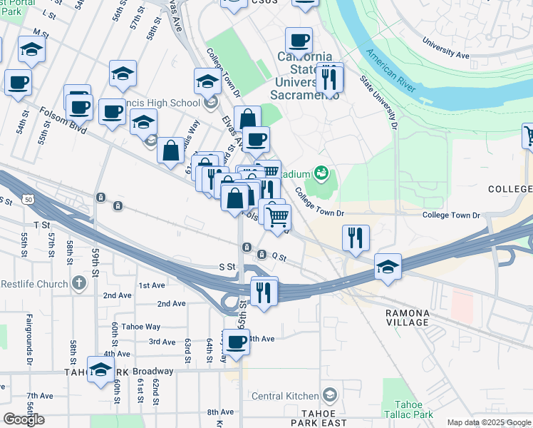 map of restaurants, bars, coffee shops, grocery stores, and more near 1220 66th Street in Sacramento