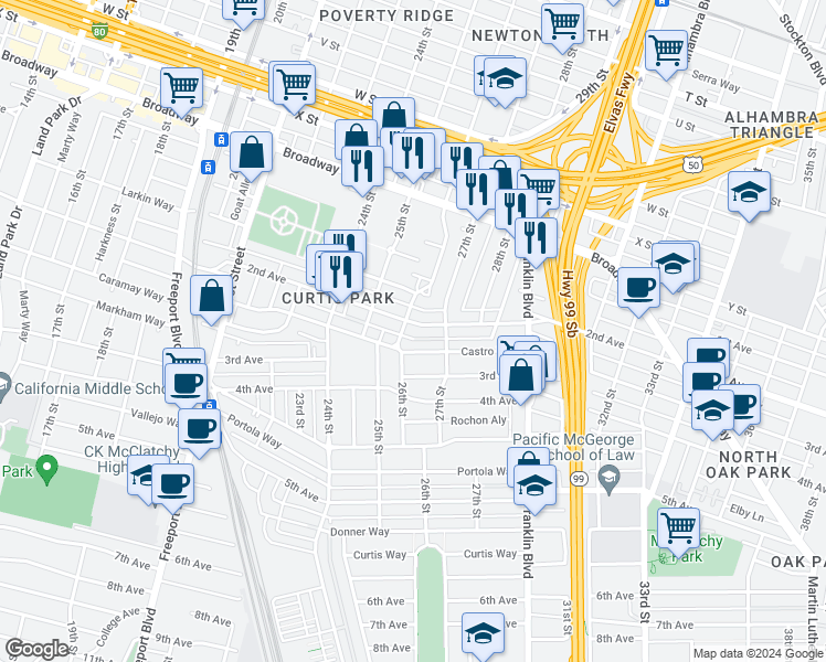 map of restaurants, bars, coffee shops, grocery stores, and more near 2701 26th Street in Sacramento