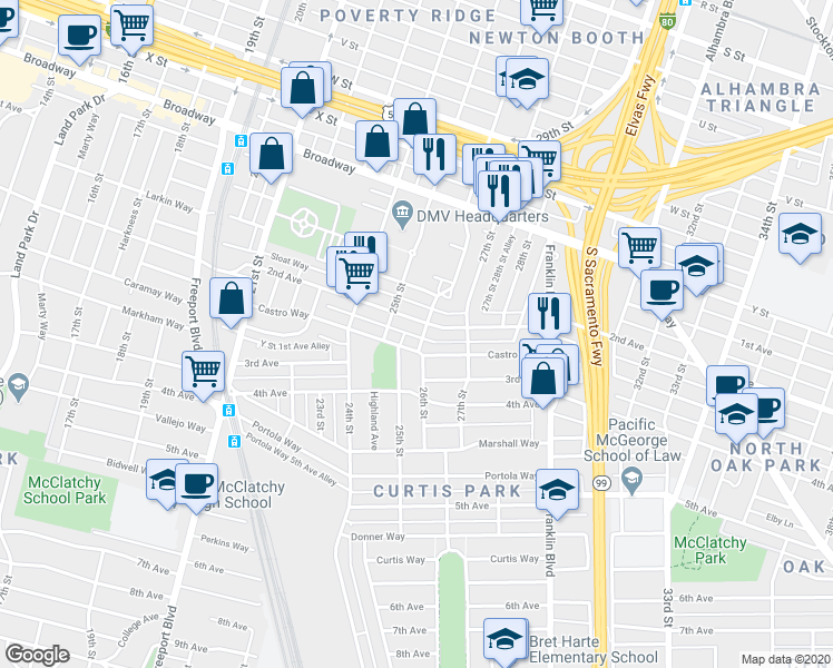map of restaurants, bars, coffee shops, grocery stores, and more near 2701 26th Street in Sacramento