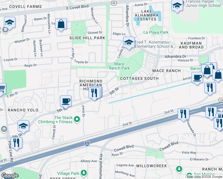 map of restaurants, bars, coffee shops, grocery stores, and more near 3020 Mallorca Lane in Davis