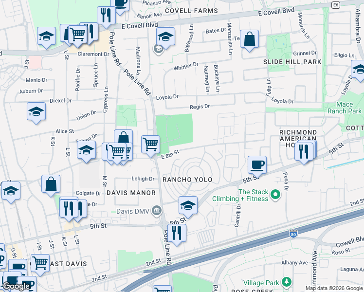 map of restaurants, bars, coffee shops, grocery stores, and more near 2117 East 8th Street in Davis
