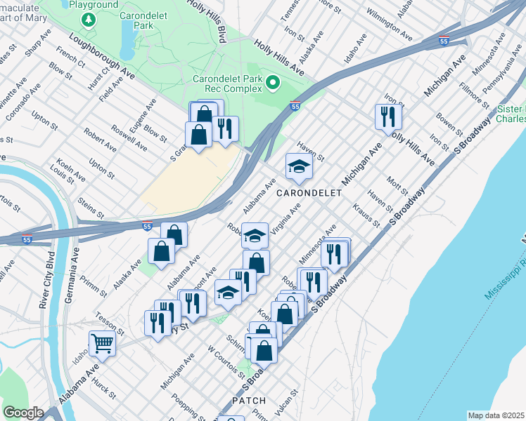map of restaurants, bars, coffee shops, grocery stores, and more near 7112 Alabama Avenue in St. Louis
