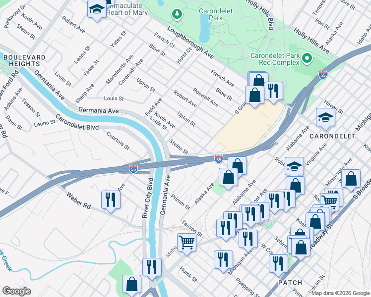 map of restaurants, bars, coffee shops, grocery stores, and more near 3631 Steins Street in St. Louis