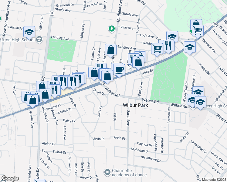 map of restaurants, bars, coffee shops, grocery stores, and more near 9020 Mathilda Avenue in Affton