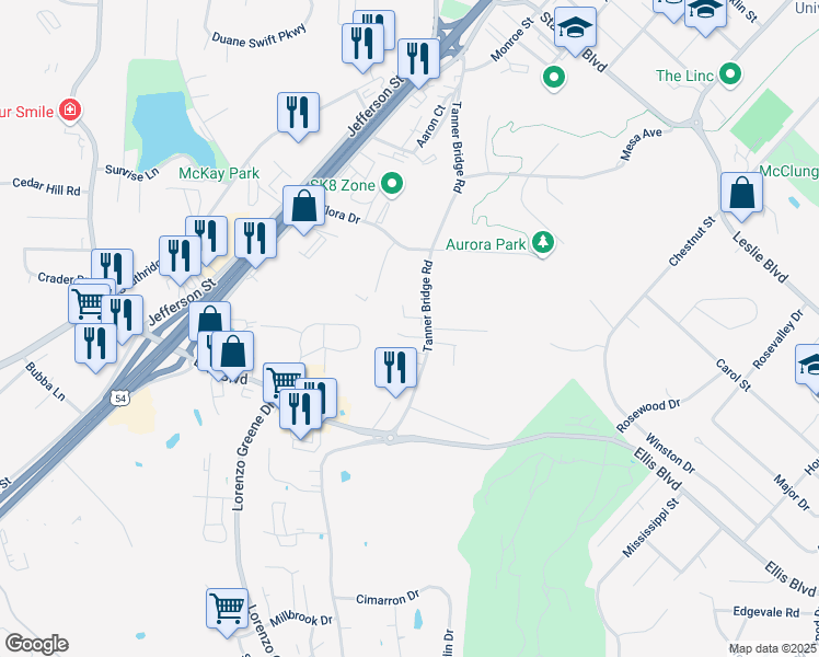 map of restaurants, bars, coffee shops, grocery stores, and more near 304 Tanner Bridge Court in Jefferson City