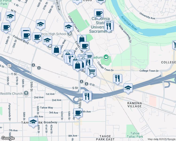 map of restaurants, bars, coffee shops, grocery stores, and more near 1220 66th Street in Sacramento