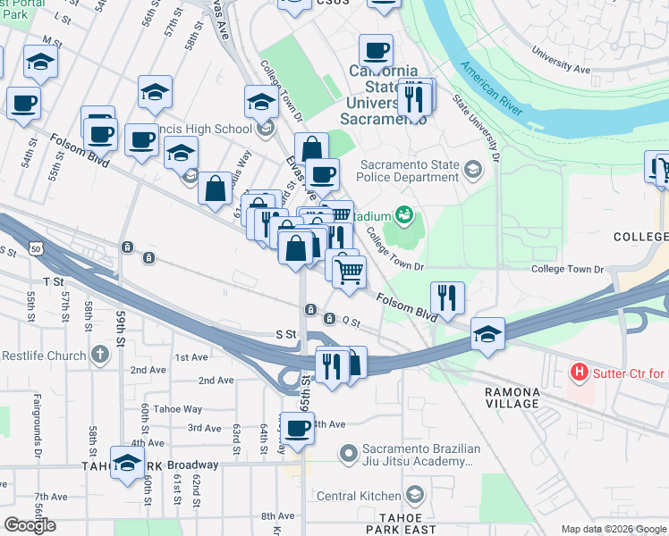 map of restaurants, bars, coffee shops, grocery stores, and more near 1220 66th Street in Sacramento