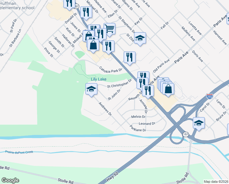 map of restaurants, bars, coffee shops, grocery stores, and more near 208 Saint Christopher Drive in Cahokia
