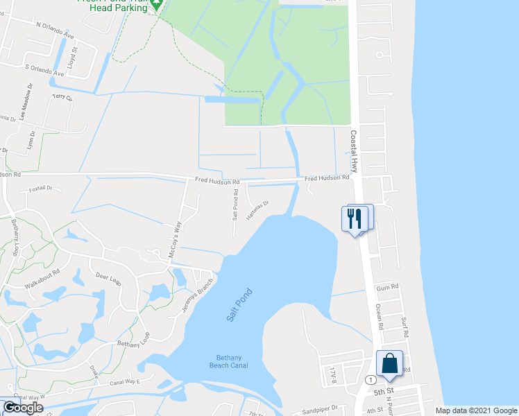 map of restaurants, bars, coffee shops, grocery stores, and more near 39330 Hatteras Drive in Bethany Beach