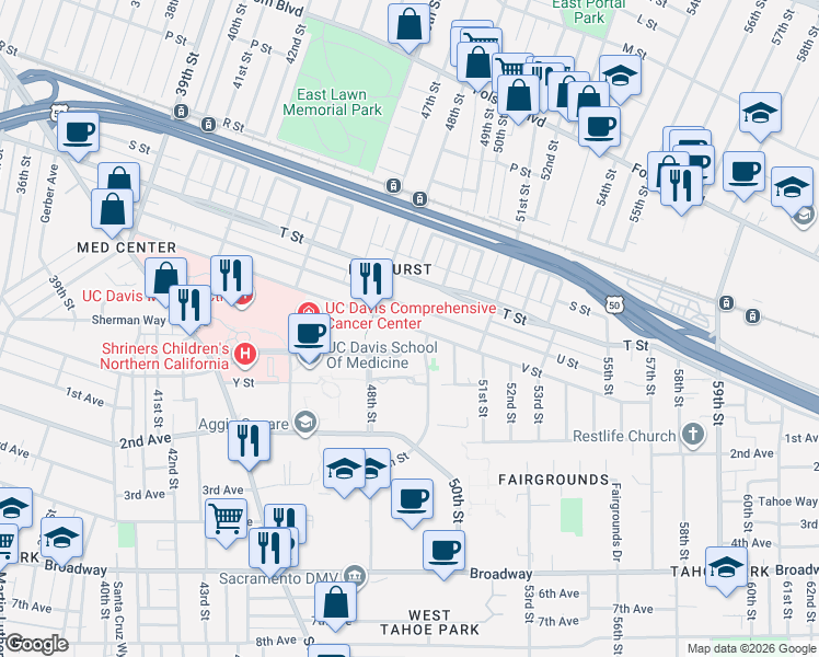 map of restaurants, bars, coffee shops, grocery stores, and more near 4857 V Street in Sacramento