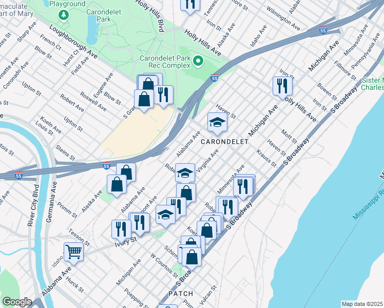 map of restaurants, bars, coffee shops, grocery stores, and more near 7105 Vermont Avenue in St. Louis