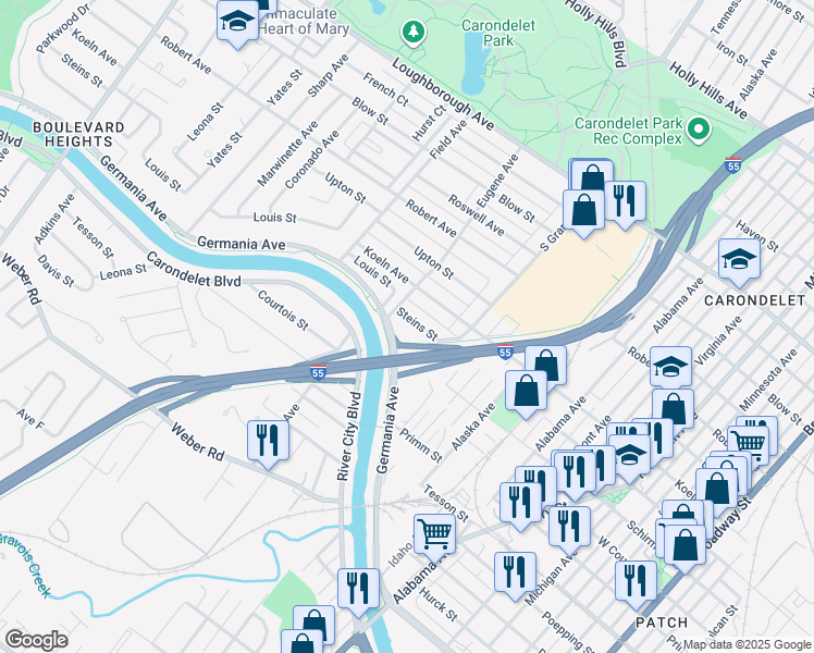 map of restaurants, bars, coffee shops, grocery stores, and more near 3662 Steins Street in St. Louis