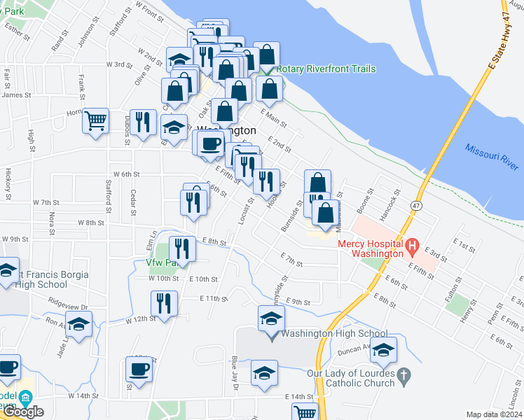 map of restaurants, bars, coffee shops, grocery stores, and more near 523 Hooker Street in Washington