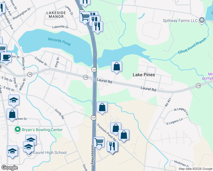 map of restaurants, bars, coffee shops, grocery stores, and more near 11140 Laurel Road in Laurel