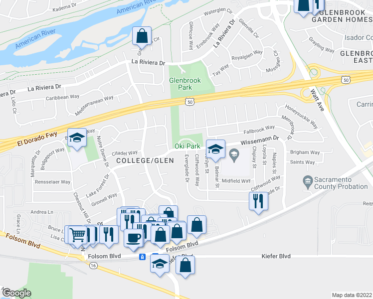 map of restaurants, bars, coffee shops, grocery stores, and more near Wissemann Dr & Everglade Dr in Sacramento