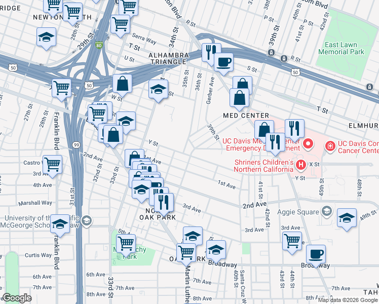 map of restaurants, bars, coffee shops, grocery stores, and more near 3704 Miller Way in Sacramento