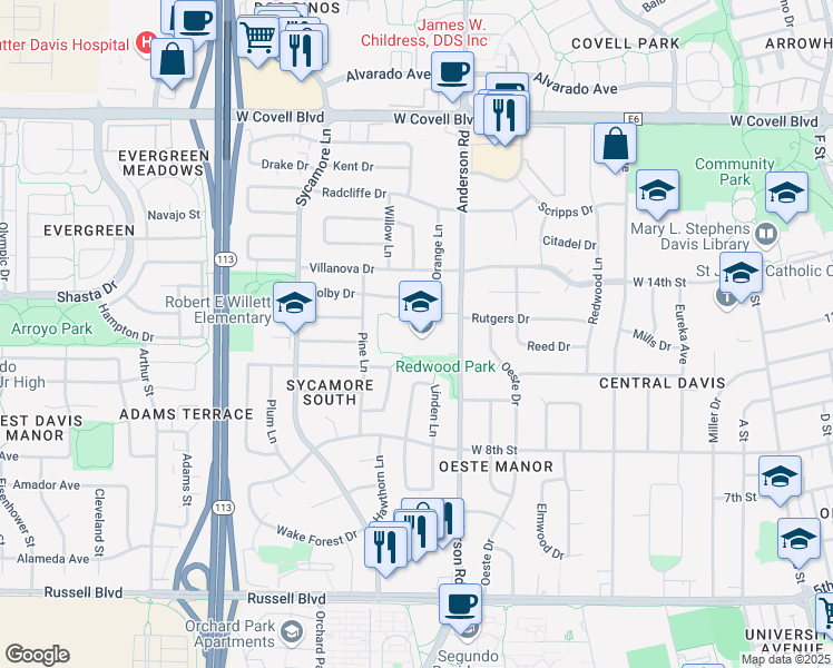 map of restaurants, bars, coffee shops, grocery stores, and more near 1221 Anderson Road in Davis