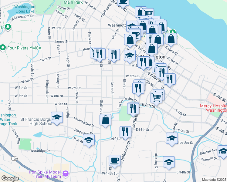 map of restaurants, bars, coffee shops, grocery stores, and more near 702 Cedar Street in Washington