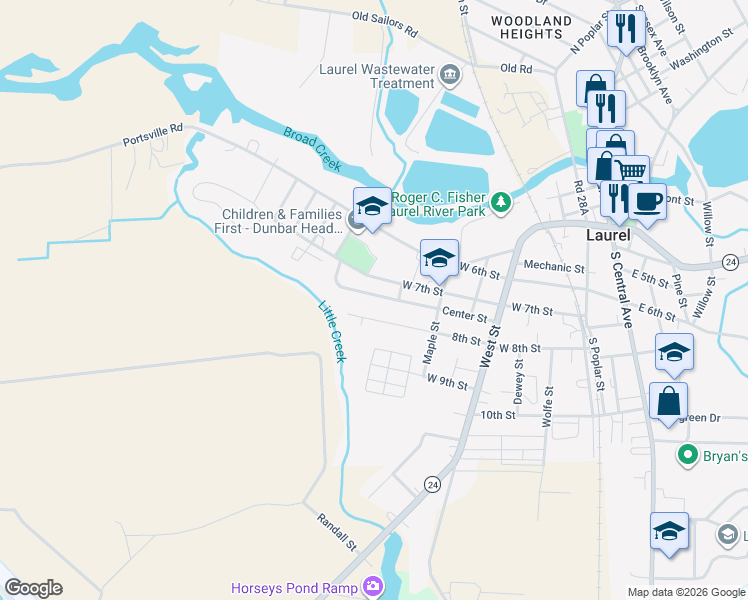 map of restaurants, bars, coffee shops, grocery stores, and more near 623 Center Street in Laurel