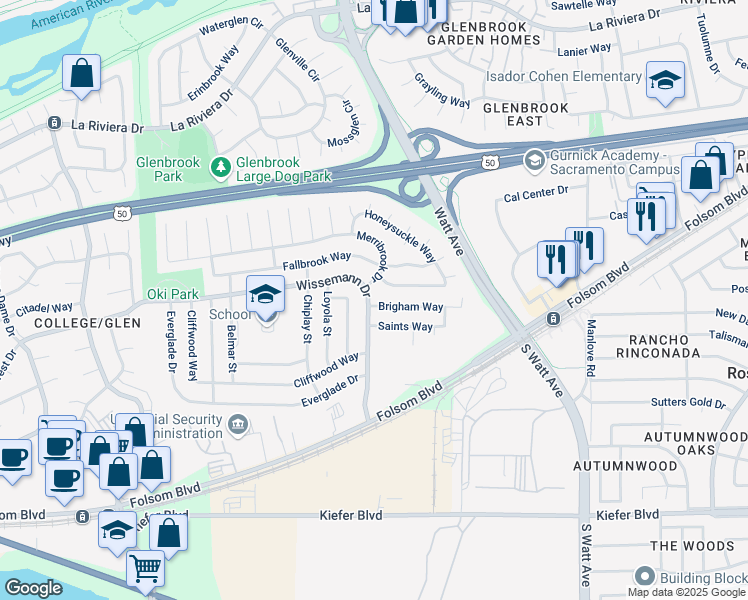 map of restaurants, bars, coffee shops, grocery stores, and more near 8701 Brigham Way in Sacramento