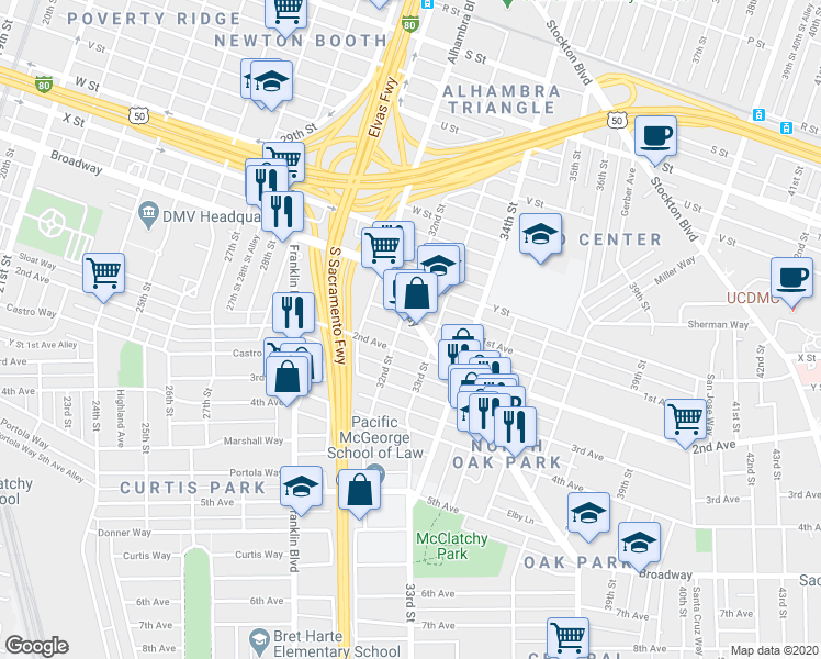 map of restaurants, bars, coffee shops, grocery stores, and more near 2607 32nd Street in Sacramento
