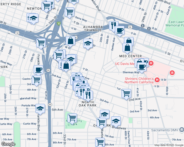 map of restaurants, bars, coffee shops, grocery stores, and more near 3500 Y Street in Sacramento