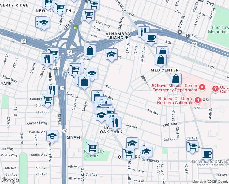 map of restaurants, bars, coffee shops, grocery stores, and more near 3500 Y Street in Sacramento