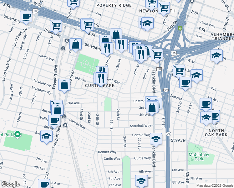 map of restaurants, bars, coffee shops, grocery stores, and more near 2701 26th Street in Sacramento