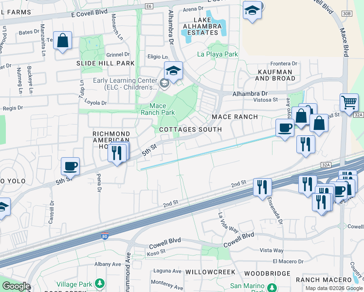 map of restaurants, bars, coffee shops, grocery stores, and more near 3310 Arroyo Court in Davis