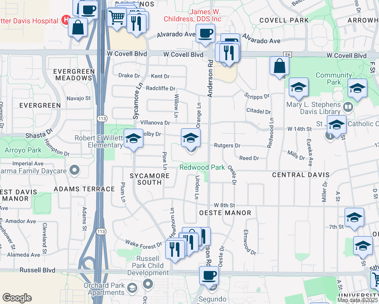 map of restaurants, bars, coffee shops, grocery stores, and more near 906 Colby Drive in Davis