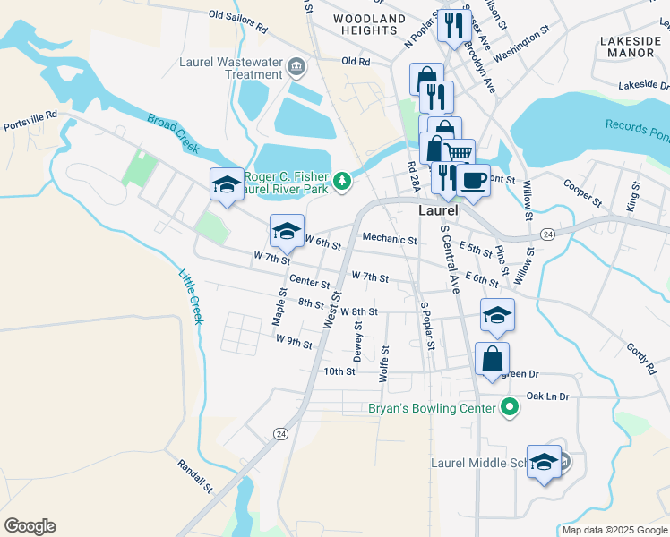 map of restaurants, bars, coffee shops, grocery stores, and more near 606 West Street in Laurel