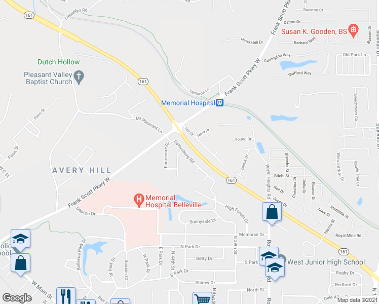 map of restaurants, bars, coffee shops, grocery stores, and more near 224 Gettysburg Road in Belleville